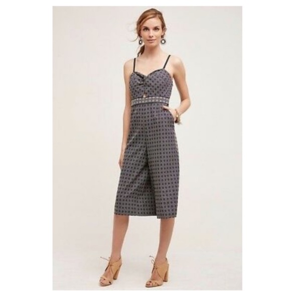 ANTHROPOLOGIE ELEVENSES REMY CROPPED ROMPER NAVY/CREAM - Picture 1 of 3